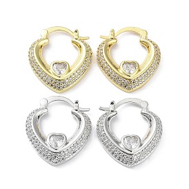Clear Cubic Zirconia Heart Hoop Earrings, Rack Plating Brass Earrings, Lead Free & Cadmium Free, Long-Lasting Plated