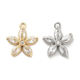 Brass Micro Pave Clear Cubic Zirconia Charms, with Glass, Flower