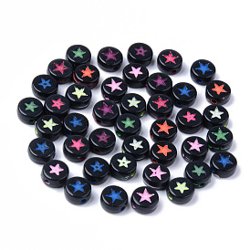 Opaque Black Acrylic Beads, Flat Round with Star