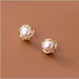 Natural Pearl Flower Stud Earrings, Brass Jewelry