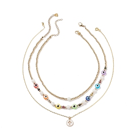 3Pcs 3 Style Natural White Moonstone & Resin Evil Eye Beaded Necklaces Set, Alloy Enamel Cross Pendant Necklaces for Women