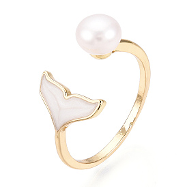 Natural Pearl Open Cuff  Ring with Msilver-Lipped Pearl Oyster, Brass Finger Rings, Fishtail