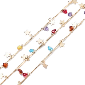 Handmade Brass Curb Chains, with Colorful Cubic Zirconia and Star Charms, Soldered, with Spool
