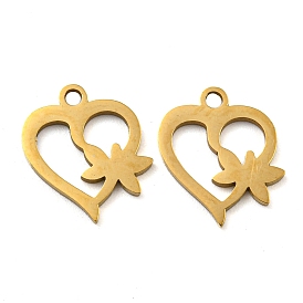 Ion Plating(IP) 316 Surgical Stainless Steel Charms, Laser Cut, Heart with Dragonfly Charms