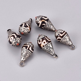 Handmade Tibetan Style dZi Pendants, Drop, Antique Silver, 33x16mm, Hole: 3.5mm