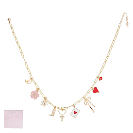 Колье из медных цепей, с 304 подвесками-крестиками в виде красного сердца и цветка из нержавеющей стали и бархатными мешочками для хранения ювелирных изделий