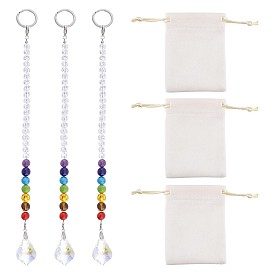 3Pcs Chakra Leaf Crystal Suncatcher Dowsing Pendulum Pendants, with 304 Stainless Steel Split Key Rings, Glass and Gemstone Beads, Velvet Bag, Stainless Steel Color