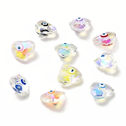 Transparent Glass Beads, with Enamel, Faceted, Heart with Evil Eye Pattern