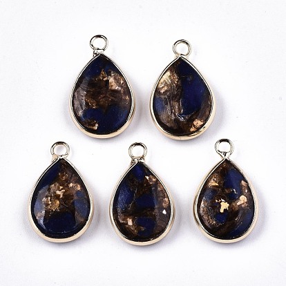 Fan Assembled Synthetic Bronzite and Lapis Lazuli Pendants, with Iron Loop and Brass Edge, Light Gold