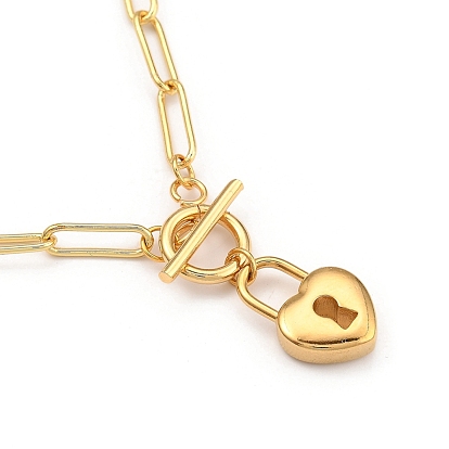 Heart Lock Pendant Necklaces, with 304 Stainless Steel Pendants & Toggle Clasps, Brass Paperclip Chains
