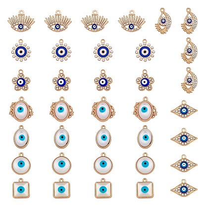 36Pcs 9 Style Alloy Enamel Pendants, with Rhinestone & Resin Imitation Cat Eye Cabochons, Mix-shaped