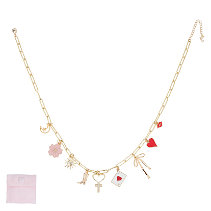 Колье из медных цепей, с 304 подвесками-крестиками в виде красного сердца и цветка из нержавеющей стали и бархатными мешочками для хранения ювелирных изделий