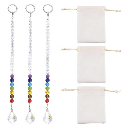 3Pcs Chakra Leaf Crystal Suncatcher Dowsing Pendulum Pendants, with 304 Stainless Steel Split Key Rings, Glass and Gemstone Beads, Velvet Bag, Stainless Steel Color