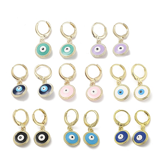 Golden Brass Dangle Leverback Earrings, with Enamel, Evil Eye