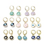 Golden Brass Dangle Leverback Earrings, with Enamel, Evil Eye