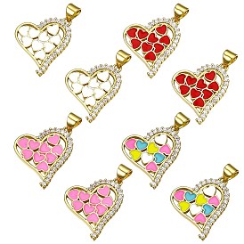 8Pcs 4 Colors Brass Micro Pave Clear Cubic Zirconia Pendants, with Enamel and Brass Snap on Bails, Real 18K Gold Plated, Heart