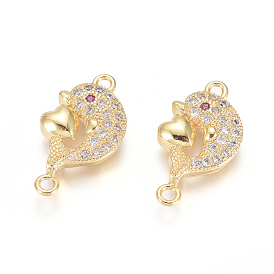 Brass Micro Pave Cubic Zirconia Links Connectors, Dolphin with Heart
