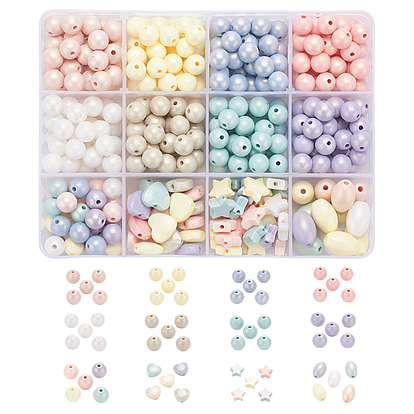 333Pcs 12 Style Spray Painted Acrylic Beads, Rubberized Style, Faceted, Round & Rice & Star & Heart