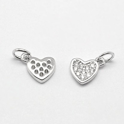 Heart Brass Micro Pave Cubic Zirconia Charms, Cadmium Free & Nickel Free & Lead Free, 8x6x1mm, Hole: 2mm