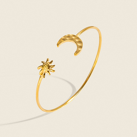 304 Stainless Steel Textured Moon and Sun Open Cuff Bangles for Women