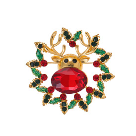 Christmas Deer with Garland Alloy Rhinestone Brooches, Enamel Pins, Golden