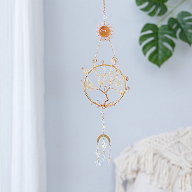 Natural Gemstone Chips Tree of Life Pendant Decoration, Hanging Suncatchers, with Glass Bead and Iron & Brass Findings, for Window Home Garden Decoration, Moon