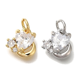 Rack Plating Brass Micro Pave Cubic Zirconia Charms, Cadmium Free & Lead Free, Long-Lasting Plated, Heart