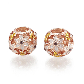 Alloy Enamel European Beads, with Rhinestone, Hollow, Large Hole Beads, Rondelle with Flower