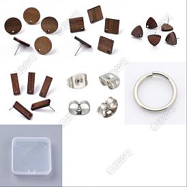 20 Pairs 4 Style Half Round & Arch & Teardrop & Heart Wood Stud Earring Findings, with Holes, 50Pcs Stainless Steel Friction Ear Nuts, 50Pcs Jump Rings