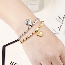 304 Браслеты из нержавеющей стали, Сердце шарм браслеты, круглые бусины эластичные браслеты для женщин