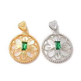 Brass Emerald Rhinestone Pendants, Flat Round Charms with Natural Shell