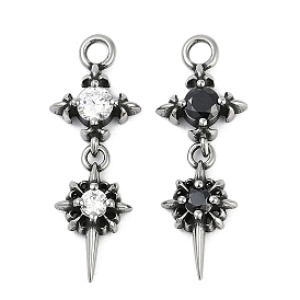 316 Surgical Stainless Steel Micro Pave Cubic Zirconia Pendants, Antique Silver, Flower & Star Charm