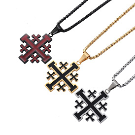 Enamel Cross Pendant Necklace with Box Chains, Titanium Steel Jewelry for Men Women