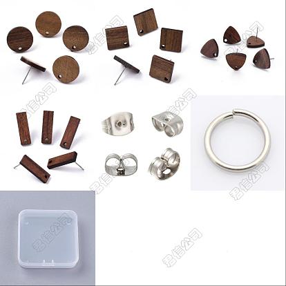 20 Pairs 4 Style Half Round & Arch & Teardrop & Heart Wood Stud Earring Findings, with Holes, 50Pcs Stainless Steel Friction Ear Nuts, 50Pcs Jump Rings