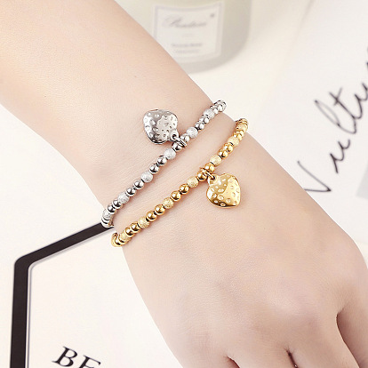 304 Браслеты из нержавеющей стали, Сердце шарм браслеты, круглые бусины эластичные браслеты для женщин