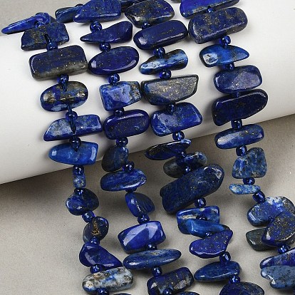 Нитки бусины из натурального ляписа-лазури, самородки, с бисером