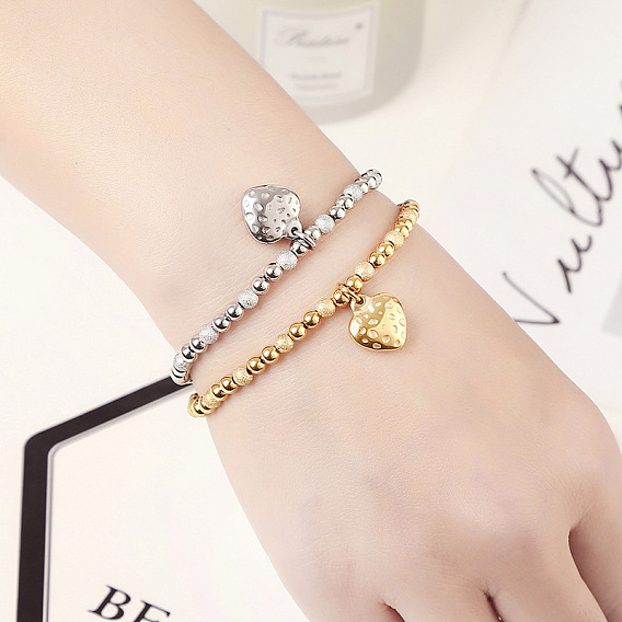 304 Браслеты из нержавеющей стали, Сердце шарм браслеты, круглые бусины эластичные браслеты для женщин