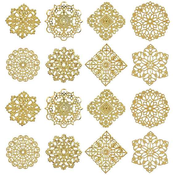 80 шт. 8 стили железные филигранные столярные изделия, полый цветок/восьмиугольник/ромбы, изготовление свадебных головных уборов