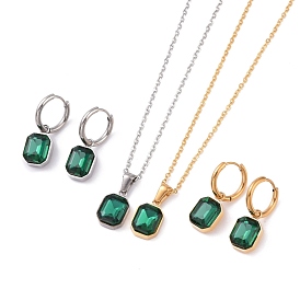 Boucles d'oreilles créoles octogonales et collier pendentif avec strass citron vert, 304 ensemble de bijoux en acier inoxydable pour femmes