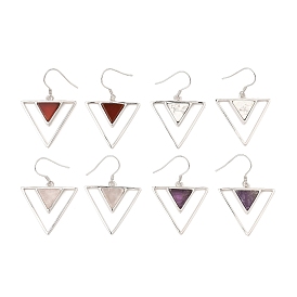 Natural Mixed Gemstone Triangle Dangle Earrings, Real Platinum Plated Rhodium Plated 925 Sterling Silver Earrings for Girl Women