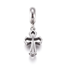 304 Stainless Steel European Dangle Charms, Large Hole Pendants, Cross