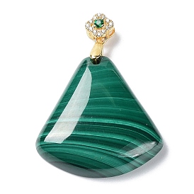 Natural Malachite Pendants, Fan Shaped Charms, with Golden Plated Flower 925 Sterling Rhinestone Snap on Bails