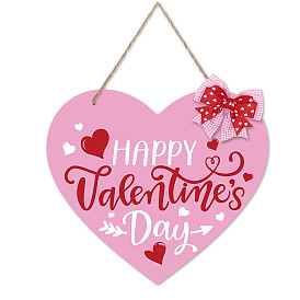 Valentine's Day Theme Wooden Hanging Sign, Wall Decor Board, with Hemp Rope, Heart with Word
