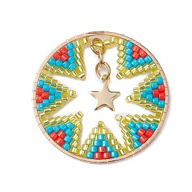 Handmade Glass Seed Beads, Loom Pattern, with 304 Stainless Steel Star Charms, Flat Round Pendant