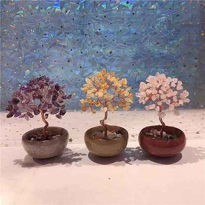Natural Gemstone Chips Tree of Life Decorations, Ceramics Bowl Base with Copper Wire Feng Shui Energy Stone Gift for Women Men Meditation
