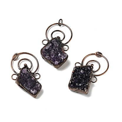Natural Amethyst Nuggets Big Pendants, Large Hole Pendants, with Red Copper Tone Brass Findings, Cadmium Free & Lead Free, Rhombus