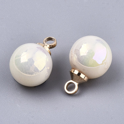 Acrylic Imitation Pearl Pendants, with Light Gold Tone Brass Loop, AB Color Plated, Round