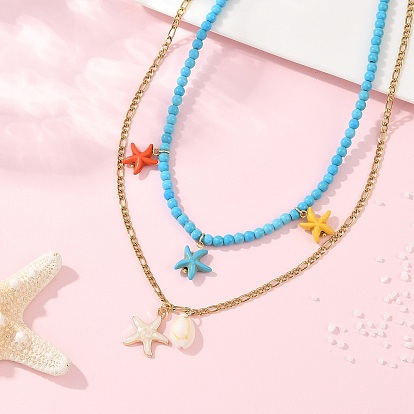 Подвеска из эмалевого сплава и окрашенной синтетической бирюзы с морской звездой и натуральной ракушкой каури 304 двухслойные ожерелья из нержавеющей стали, красочный