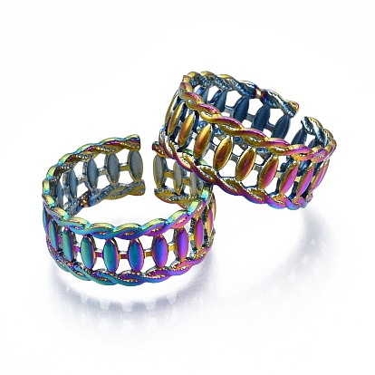 304 Stainless Steel Twist Rope Shape Cuff Ring, Rainbow Color Open Ring for Women