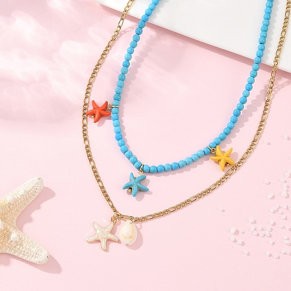 Подвеска из эмалевого сплава и окрашенной синтетической бирюзы с морской звездой и натуральной ракушкой каури 304 двухслойные ожерелья из нержавеющей стали, красочный